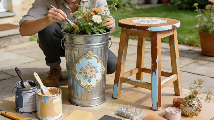 Upcycled Project: Faux Planter Trash Can & Stool Makeover
